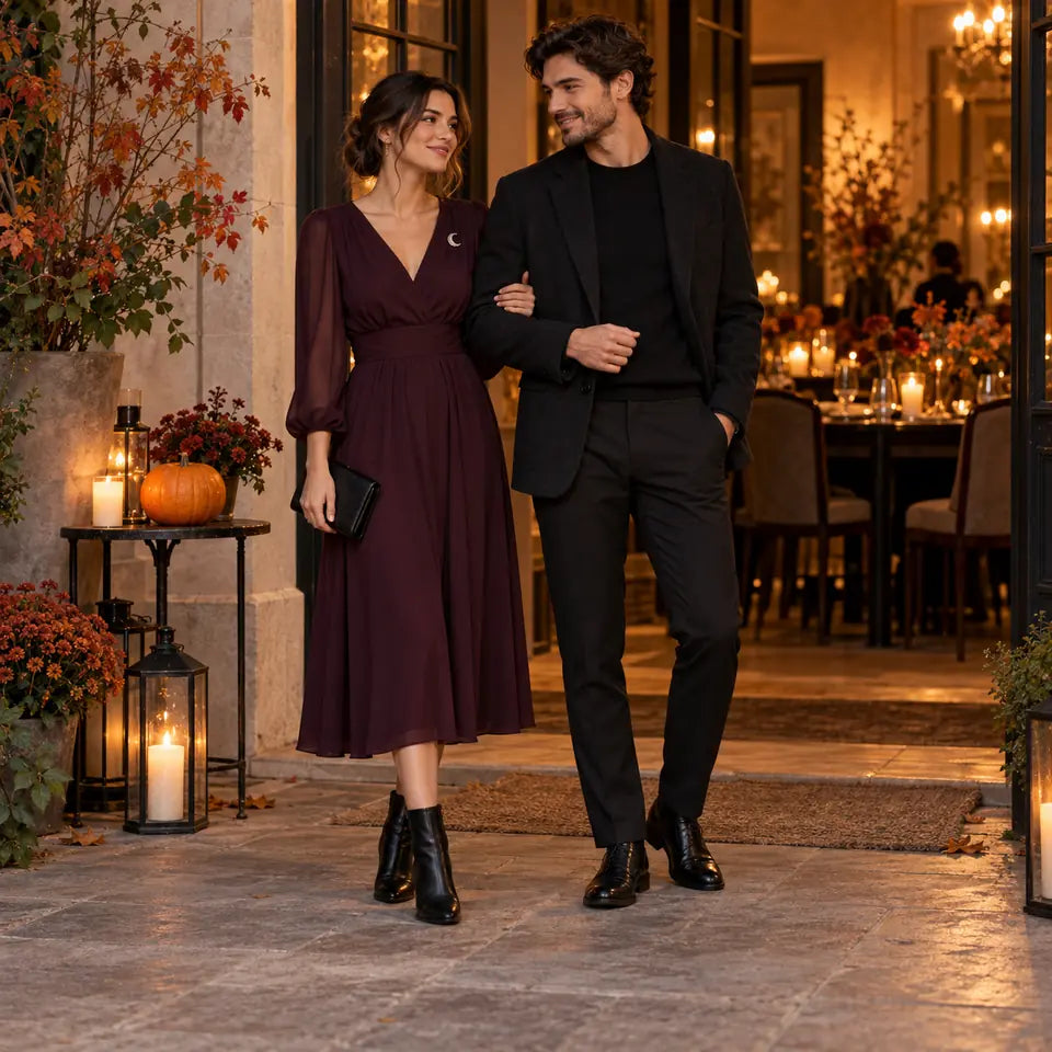 Elegáns, szilva és fekete színű összeállítások Halloweenre, tematikus jelmezek vagy terjedelmes kiegészítők nélkül.
