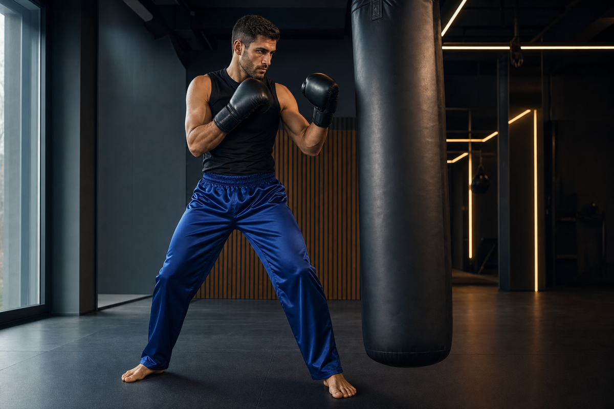 Спортист, носещ сини сатенени боксови и кикбокс панталони