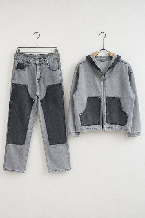 Compleu bărbați din denim gri cu panouri contrastante, glugă deschisă, vedere frontală pe umerașe