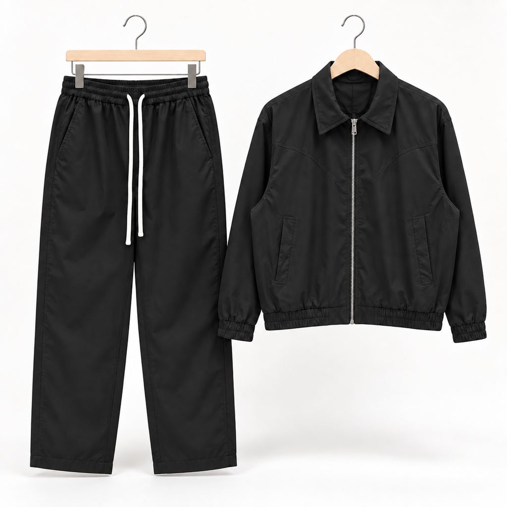 Compleu bărbați negru cu jachetă și pantaloni relaxați, vedere frontală