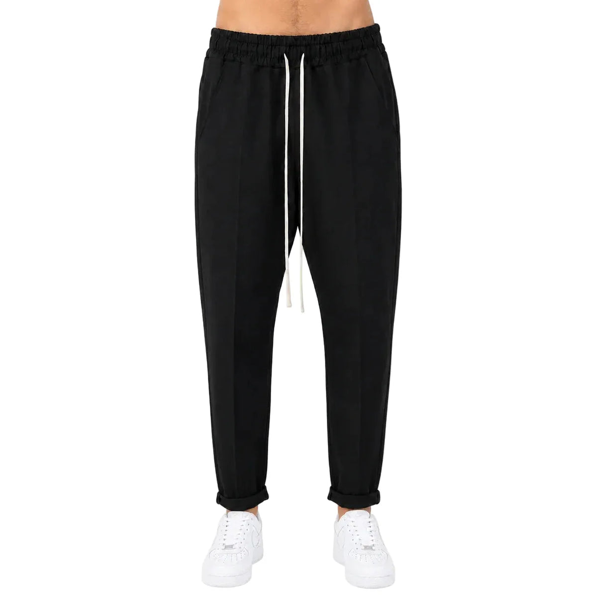 Pantaloni lungi slim negri pentru bărbați, model casual cu șnur, vedere din față