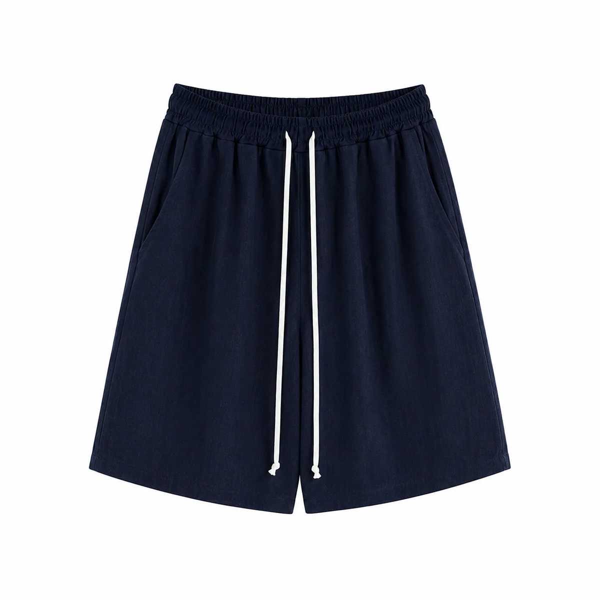 Pantaloni bleumarin cu șnur lung în talie, confecționați din amestec de vâscoză și in, vedere frontală pentru ținute de vară.