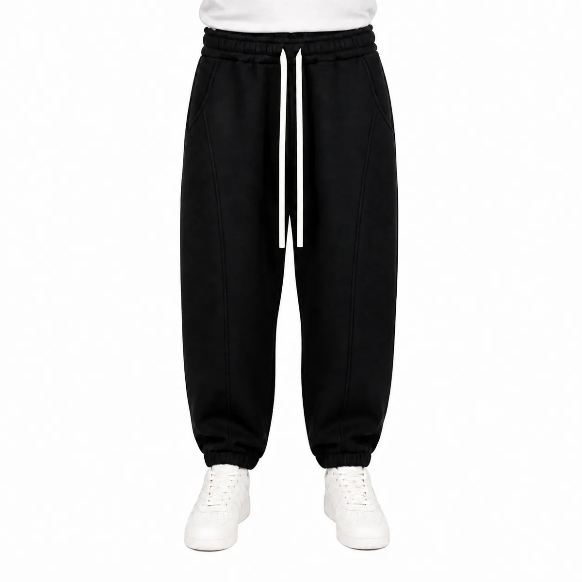 Pantaloni bărbați negri balloon fit cu șnur textil fără terminații din plastic